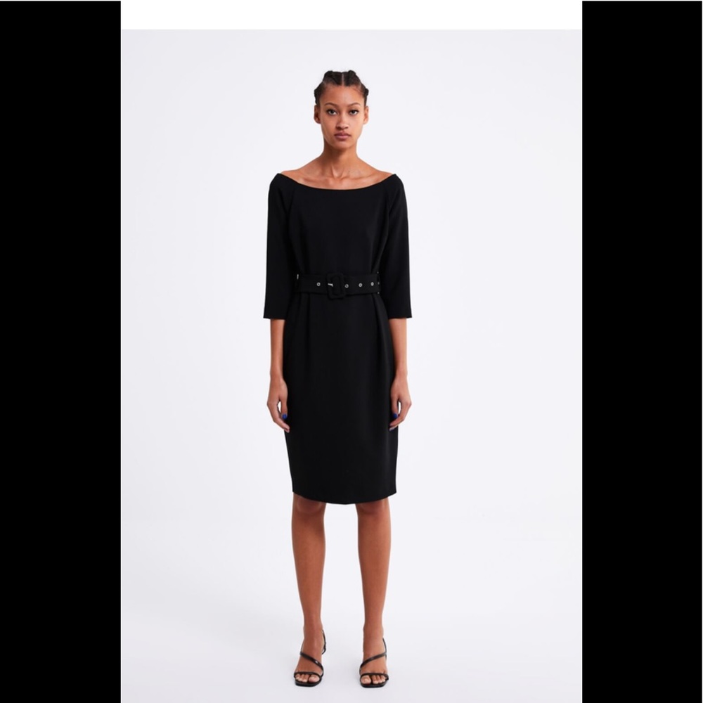 Off shoulder black belted dress
